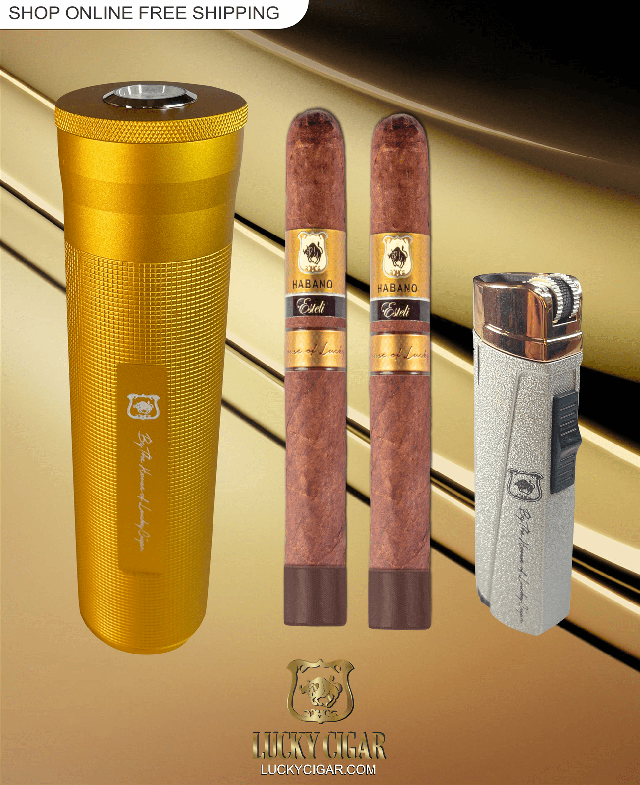 Habano Cigars: Habano Esteli by Lucky Cigar: Set of 2 Churchill Cigars with Travel Humidor, Lighter