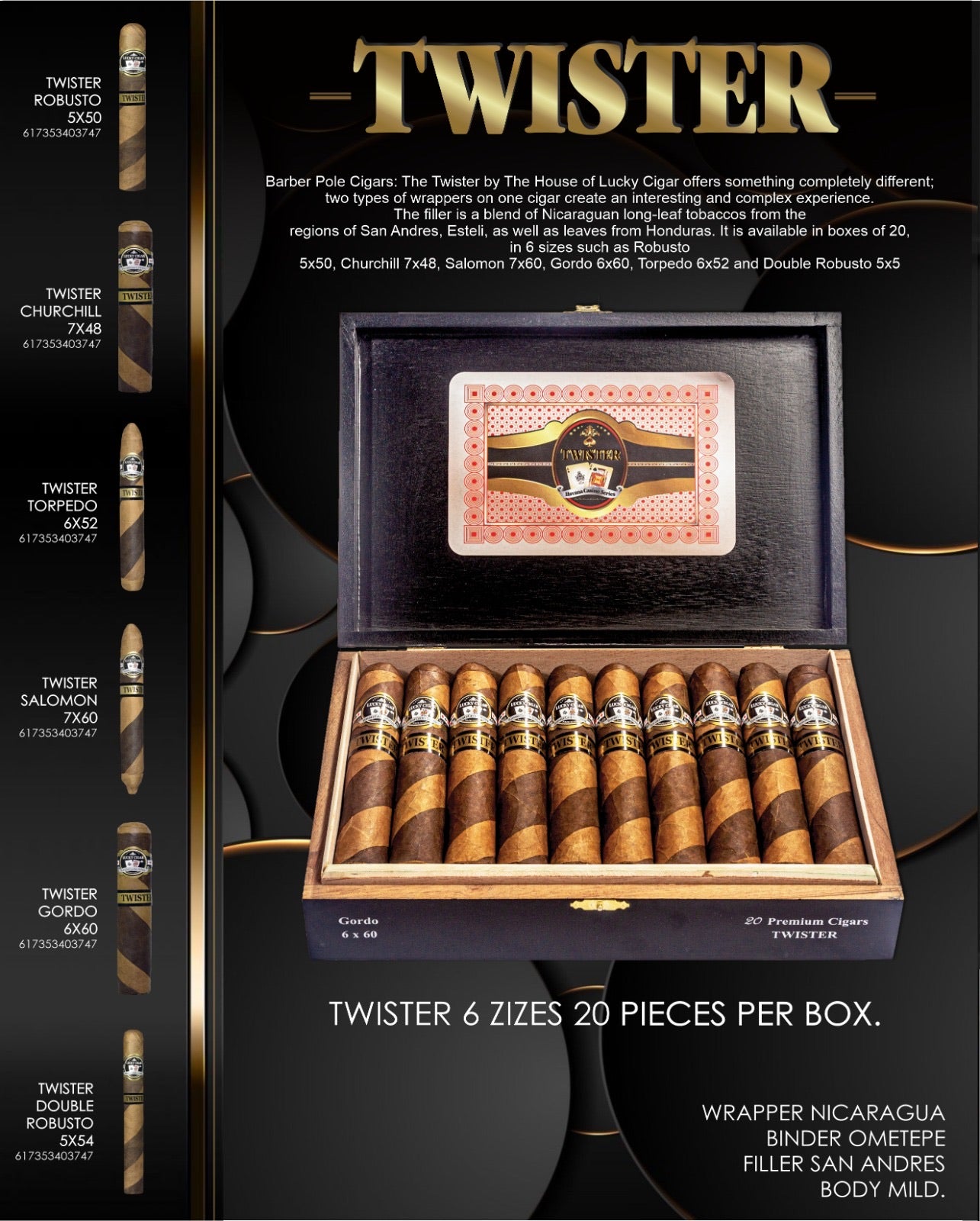 Barber Pole Cigars, Twister by Lucky Cigar: Salomon 7x60 Box of 20