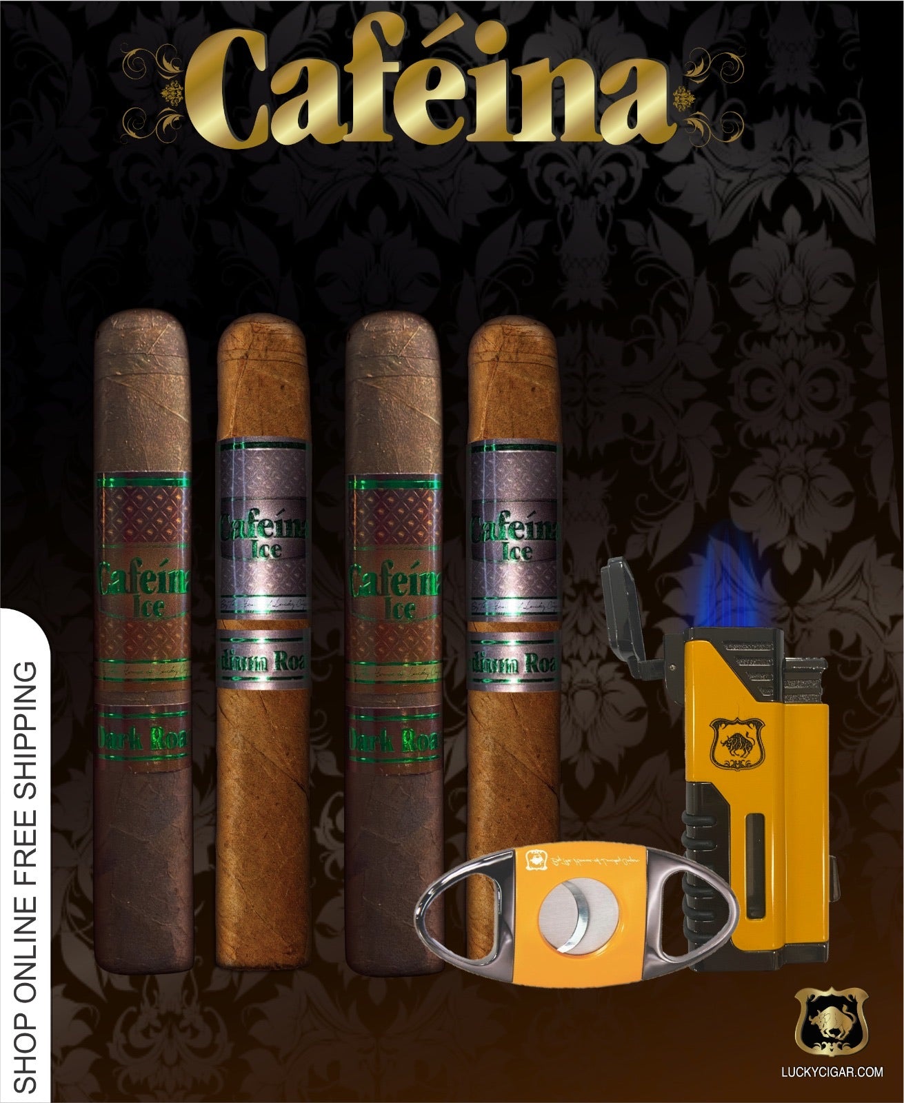 Infused Cigars: Set of 4 Cafeina Ice Roast Cigars - 2 Medium, 2 Dark 6x52 Cigars with Cutter, Torch