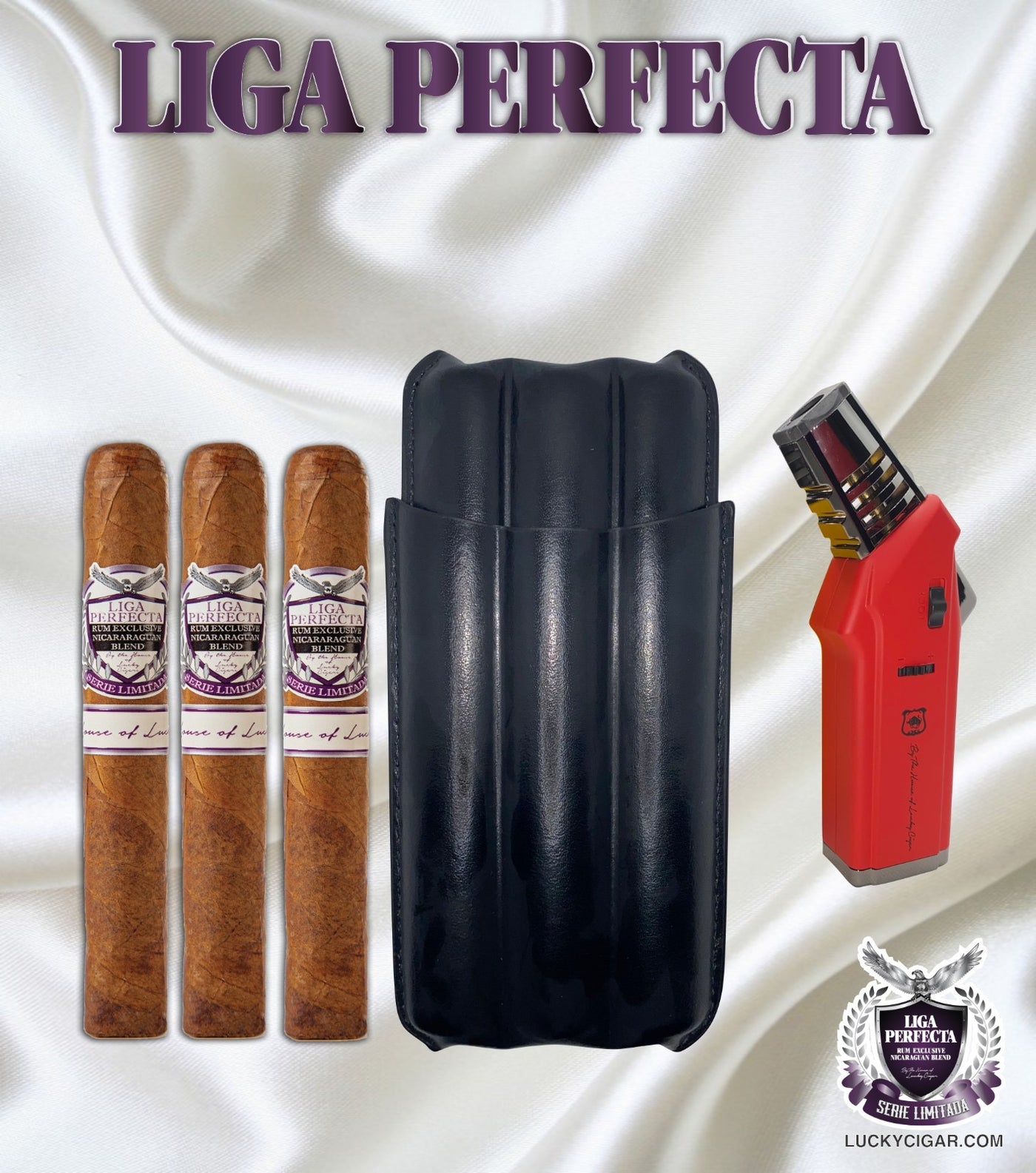 Lucky Cigar Sampler Sets: Set of 3 Liga Perfecta Cigars with Travel Humidor Case, Torch