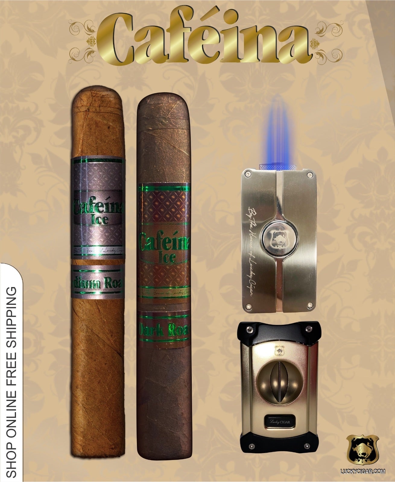 Lucky Cigar Sampler Sets: Set of 2 Cafeina Corona Cigars with Torch, Cutter