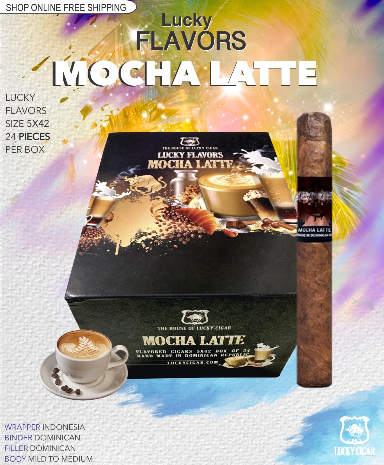 Flavored Cigars: Lucky Flavors Mocha Latte 5x42 Box of 24 Cigars