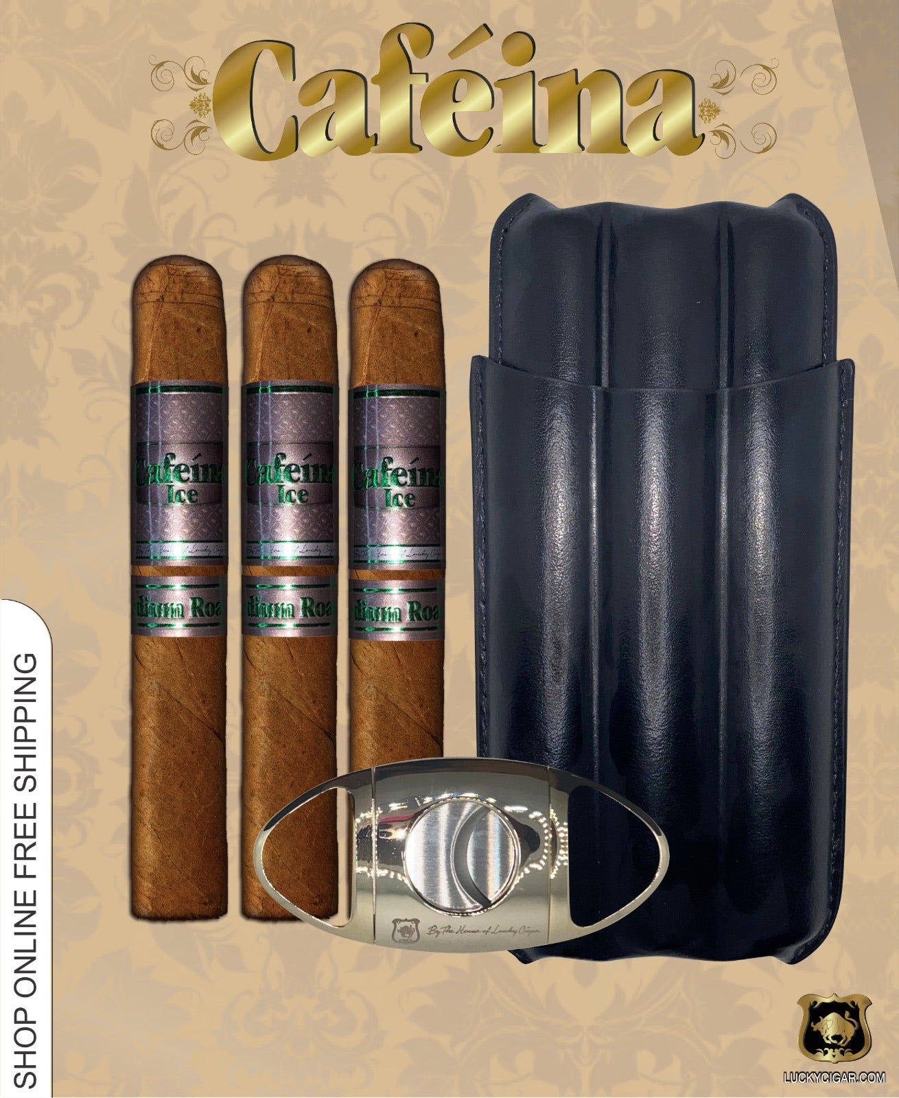 Infused Cigars: Set of 3 Cafeina Ice Medium Roast Toro 6x52 Cigars with Travel Humidor, Cutter