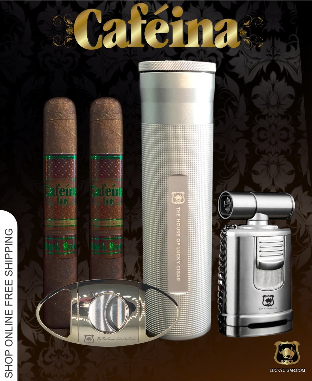 Lucky Cigar Sampler Sets: Set of 2 Cafeina Cigars with Cutter, Desk Torch, Travel Humidor Tube with Hygrometer