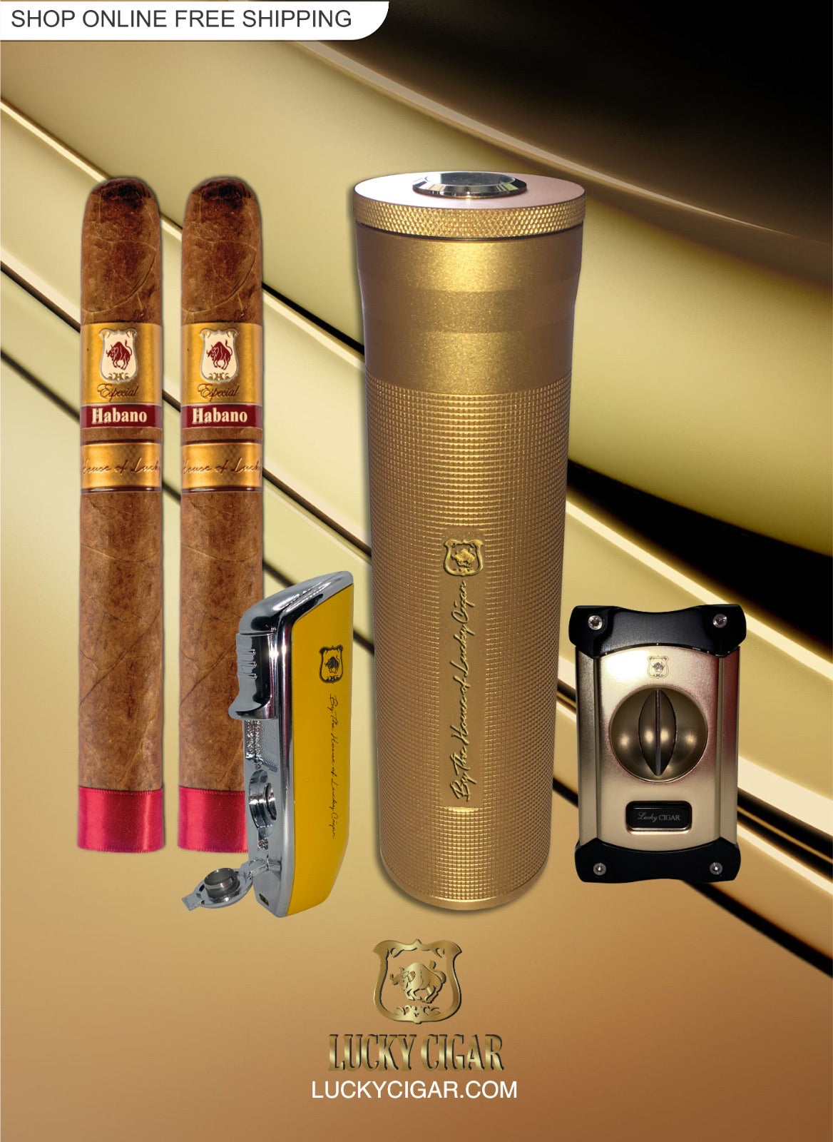Habano Cigars: Habano Esteli by Lucky Cigar: Set of 2 Cigars Toro with Humidor, Torch, Cutter