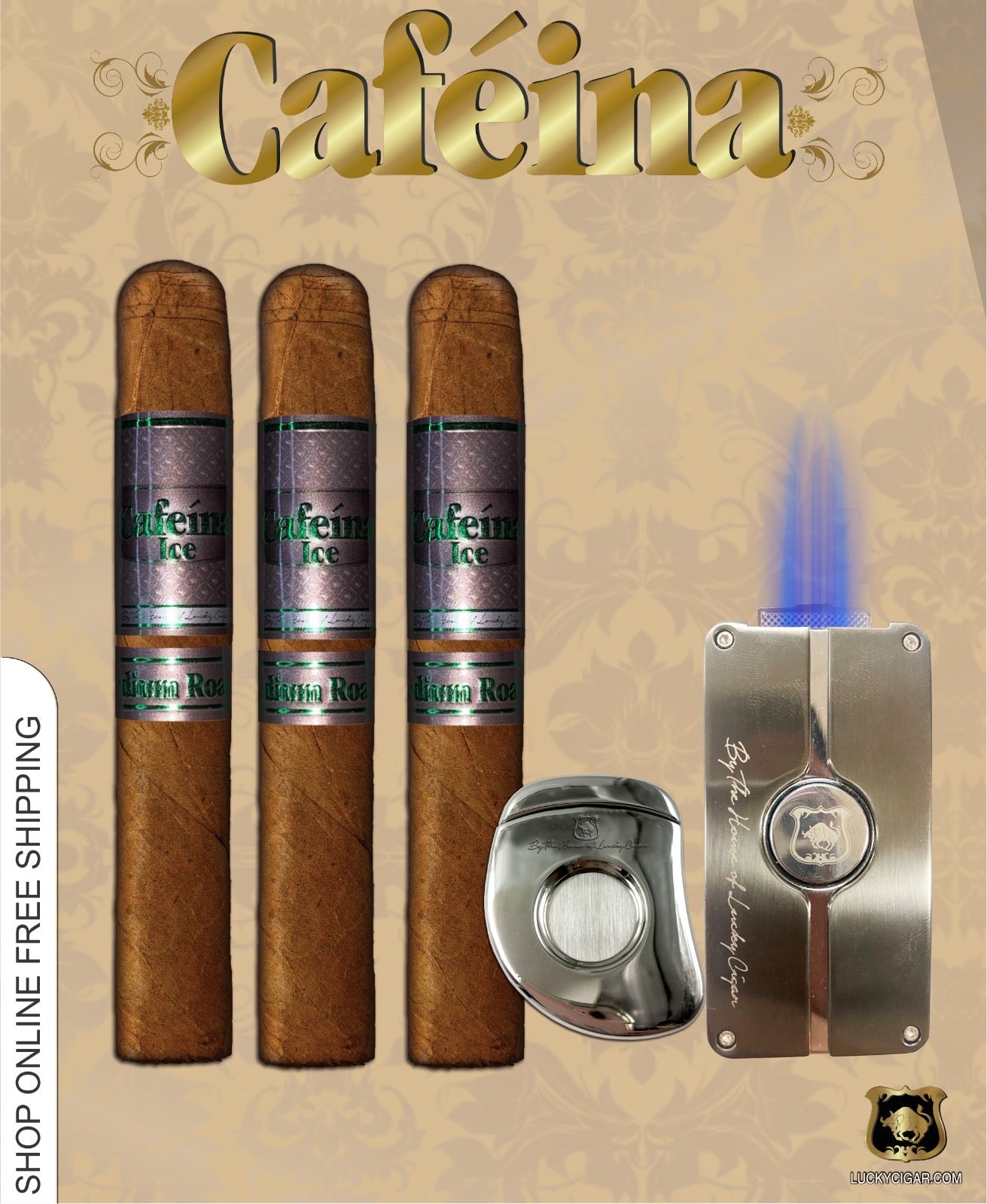 Cigar Sets: 3 Cafeina Ice Medium Roast 5.5x48 Cigars with a Torch Lighter and Eye Cutter