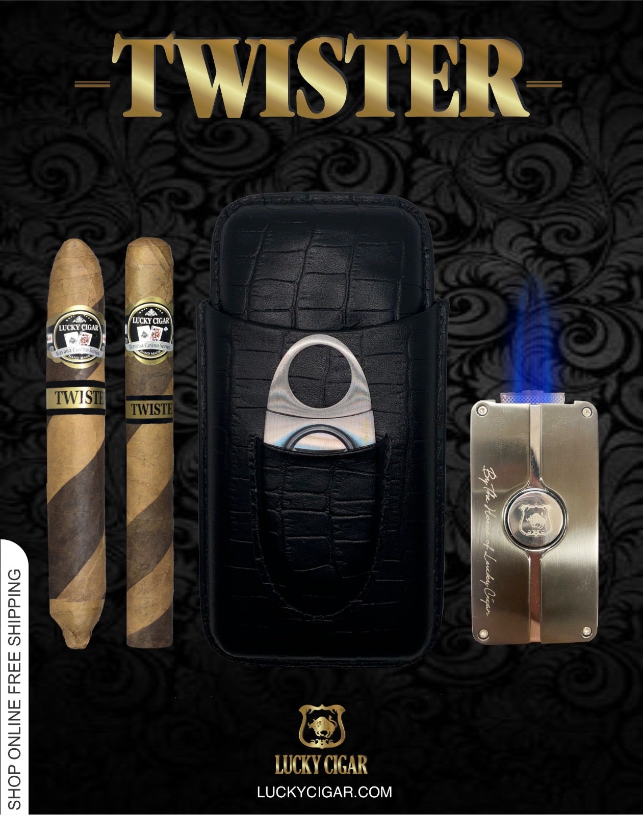 Barber Pole Cigars, Twister by Lucky Cigar: 2 Cigar Set with Humidor, Torch, Cutter
