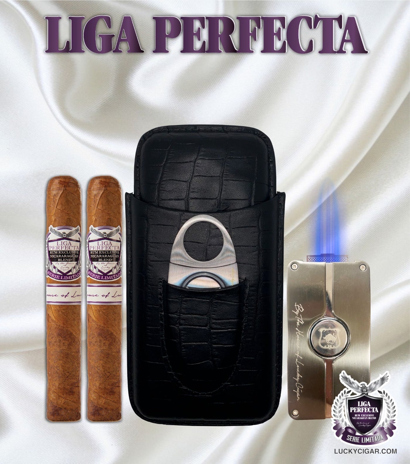 Rum Cigars: Liga Perfecta Set - 2 Habano Toro Cigars with Humidor, Cutter, Lighter