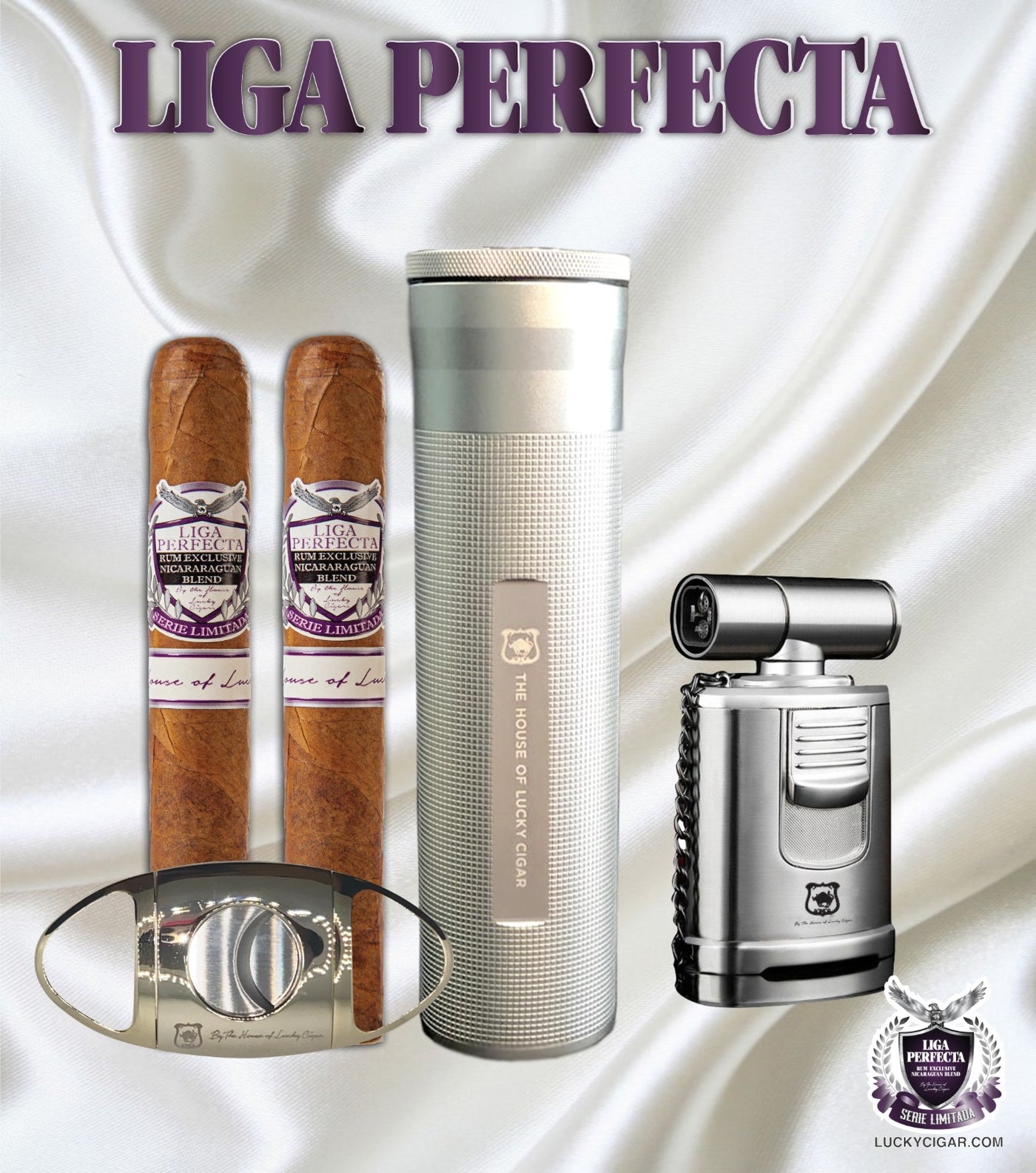 Rum Cigars: Liga Perfecta Set - 2 Habano Titan Cigars with Humidor, Cutter, Lighter