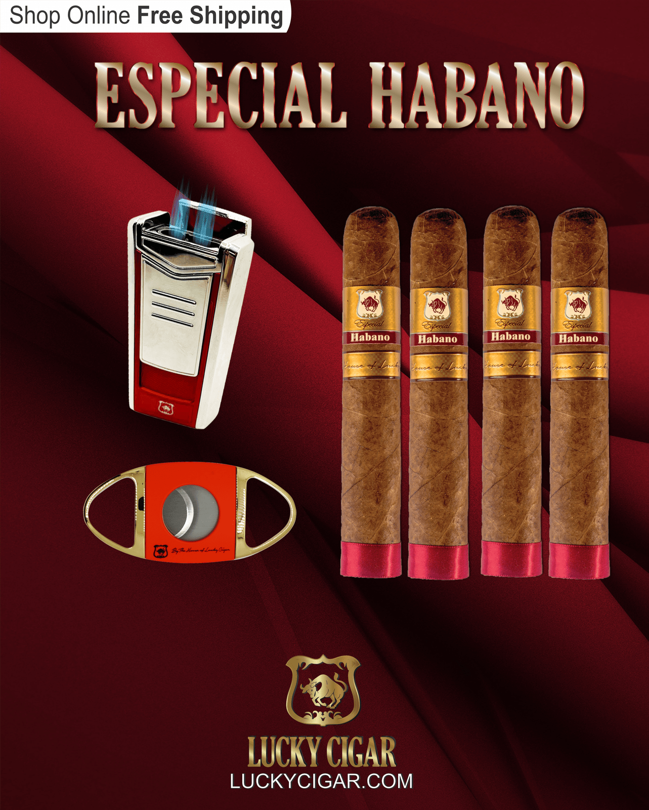Habano Cigars: Especial Habano by Lucky Cigar: Set of 4 Cigars 4 Toro, with Cutter and Torch
