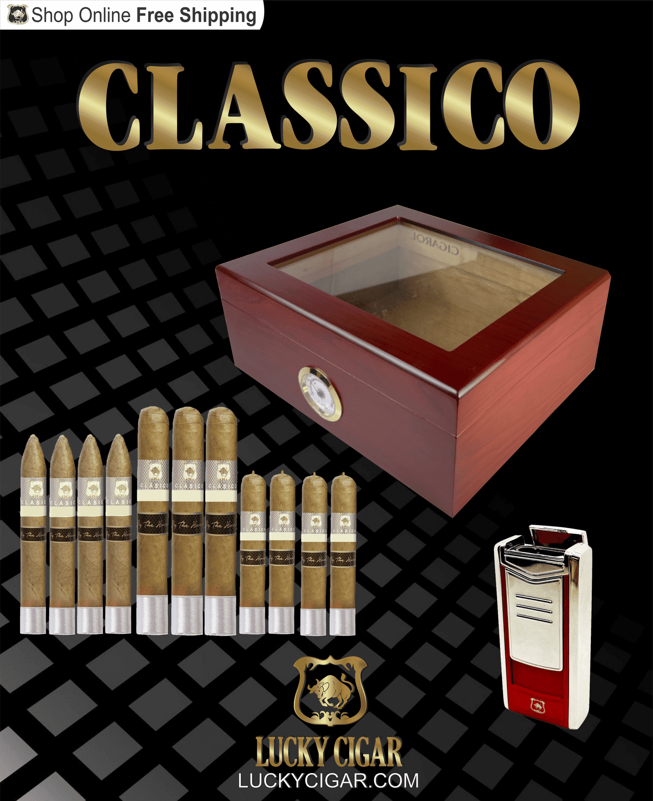 Lucky Cigar Sampler Sets: Set of 11 Classico Cigars with Torch, Desk Humidor