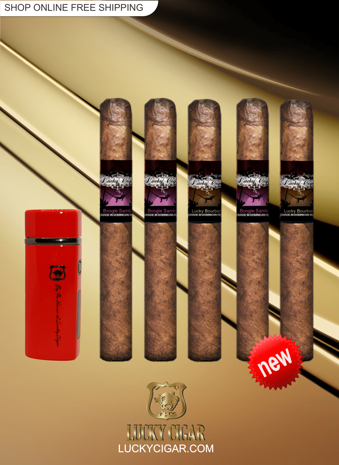 Lucky Cigar Sampler Sets: Set of 5 Flavor Cigars, Boogie Samba, Lucky Bourbon with Torch