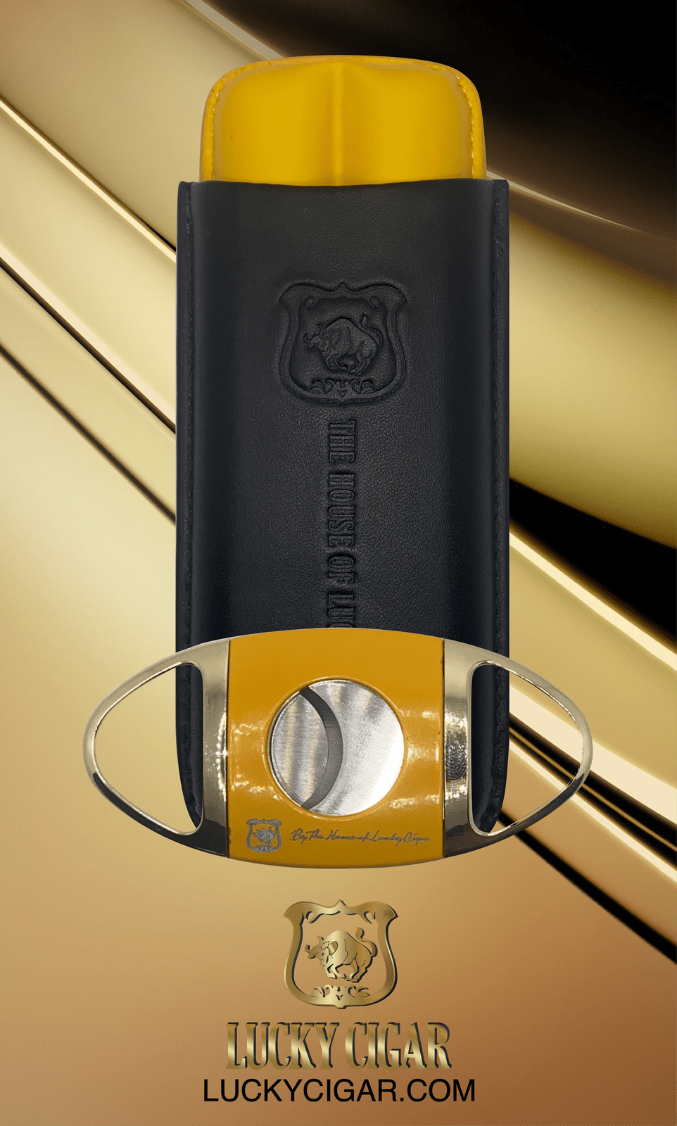 Cigar Lifestyle Accessories: Cigar Cutter in Yellow with Leather Cigar Case