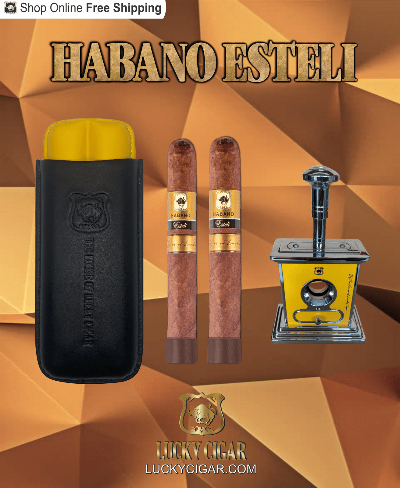 Habano Cigars: Habano Esteli by Lucky Cigar: Set of 2 Cigars, 2 Churchill with Humidor, Table Cutter