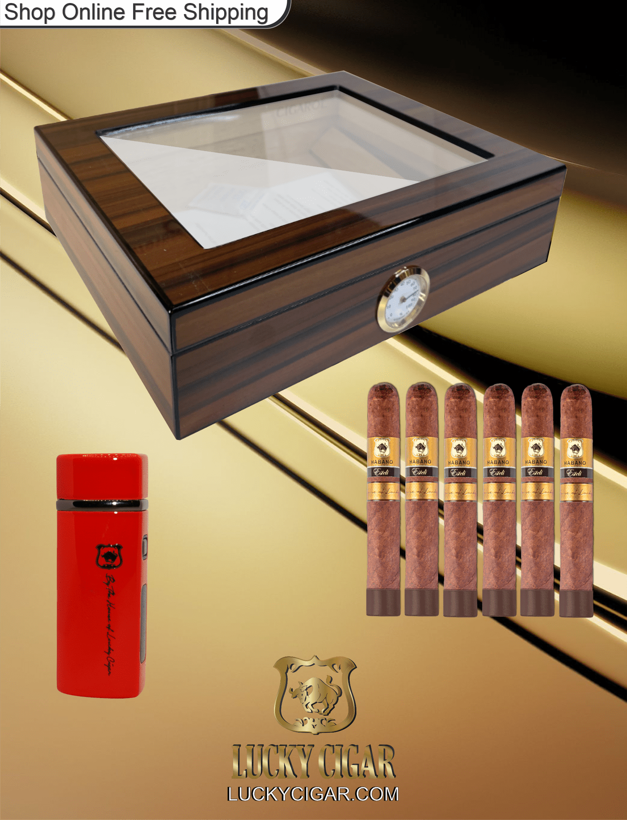 Lucky Cigar Sampler Sets: Set of 6 Habano Esteli Toro Cigars with Torch, Desk Humidor
