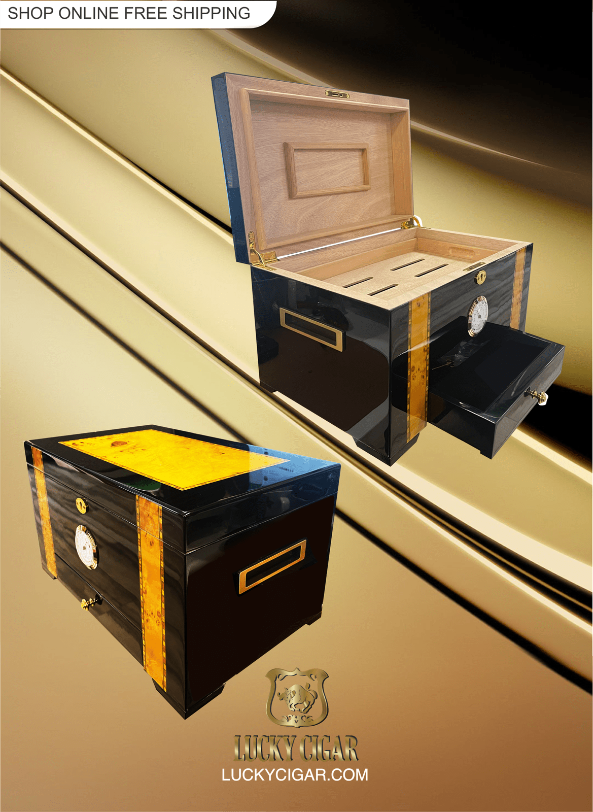 Cigar Lifestyle Accessories: Humidor For 150 cigars in Black/Gold