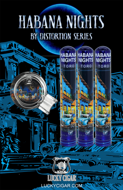 Habana Nights 6x50 Cigar From The Distortion Series: 3 Cigars with Crystal Glass Ashtray