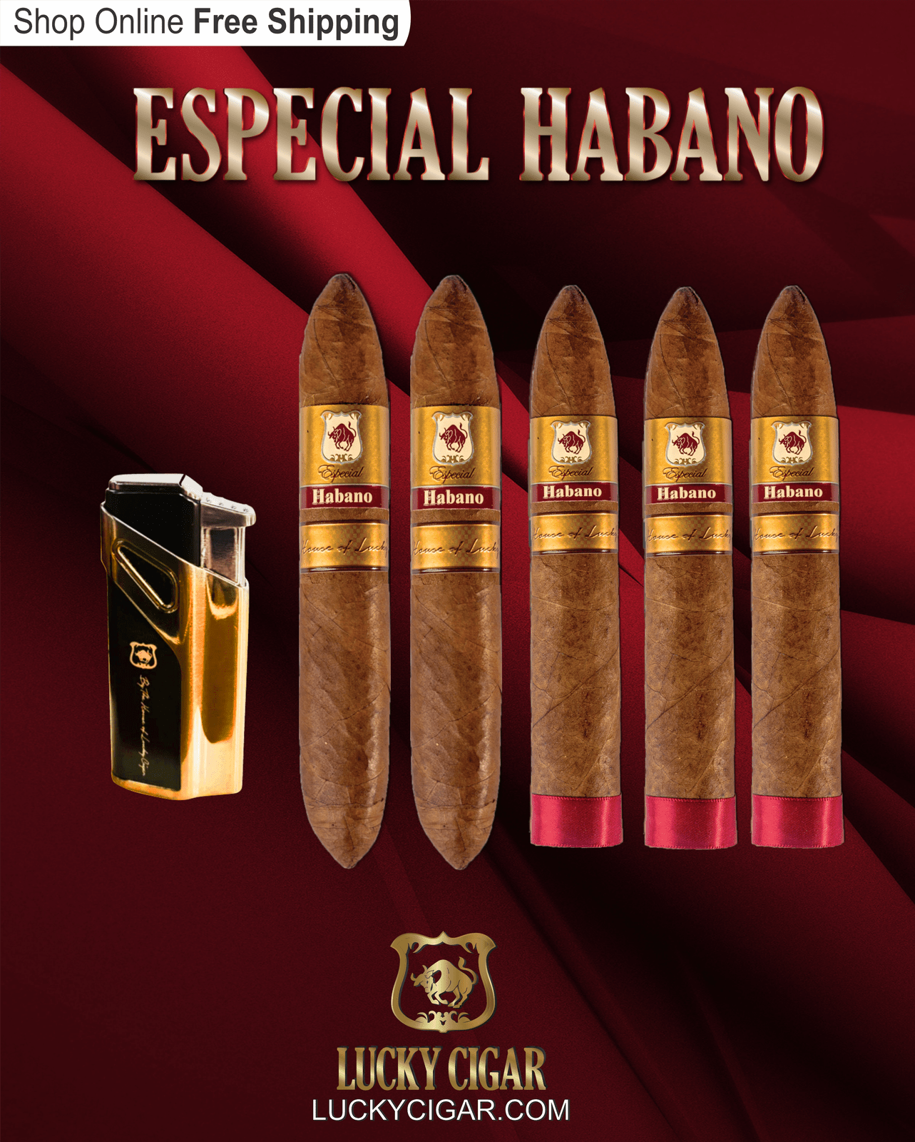 Habano Cigars: Especial Habano by Lucky Cigar: Set of 5 Cigars 3 Torpedo, 2 Perfecto with Lighter 