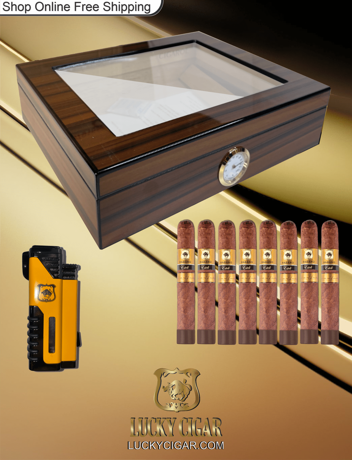 Lucky Cigar Sampler Sets: Set of 8 Habano Esteli Toro Cigars with Torch, Desk Humidor