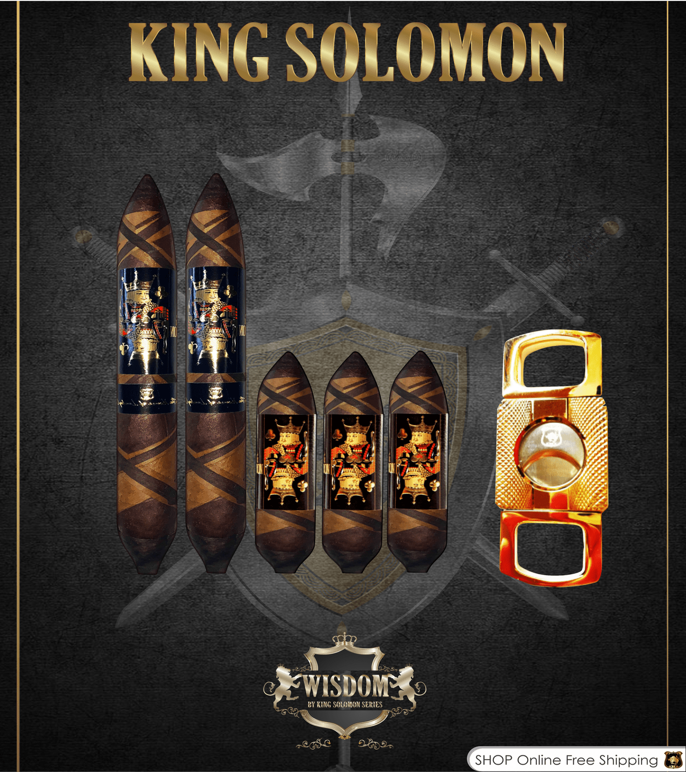 Wisdom 4x60 Cigar From The King Solomon Series: Set of 3 and 2 King Solomon 7x58 Cigar with Cutter