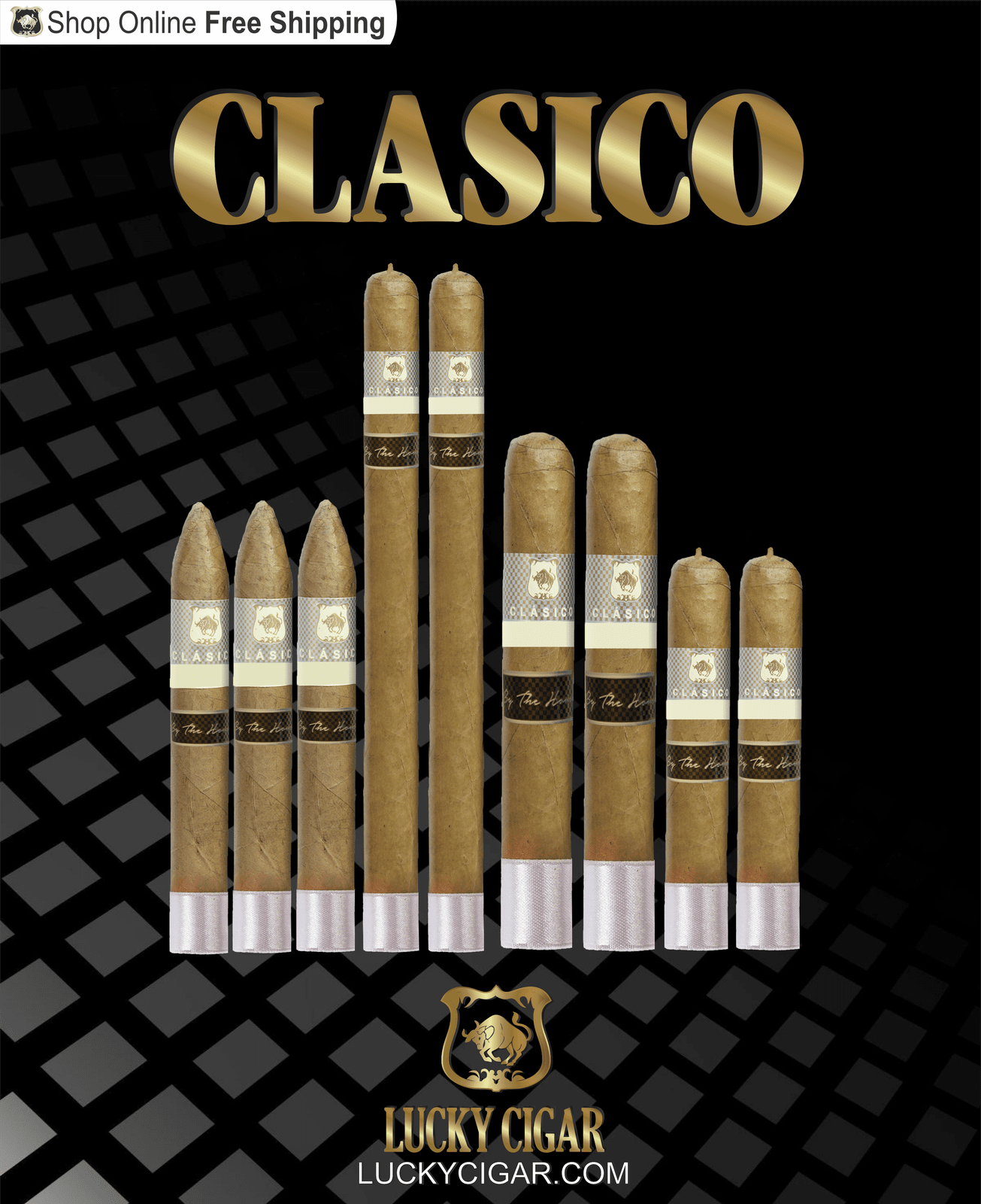 Lucky Cigar Sampler Sets: Set of 9 Classico Cigars, Churchill, Toro, Torpedo, Robusto 
