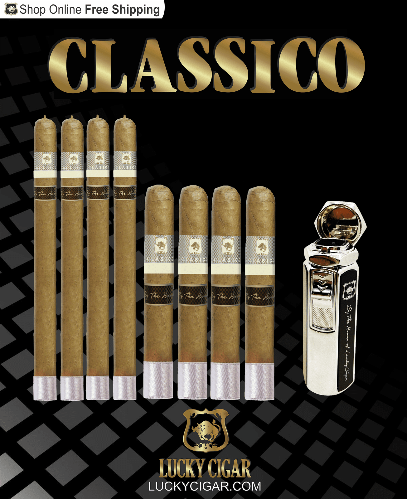 Lucky Cigar Sampler Sets: Set of 8 Classico Cigars, Robusto, Lancero with Torch