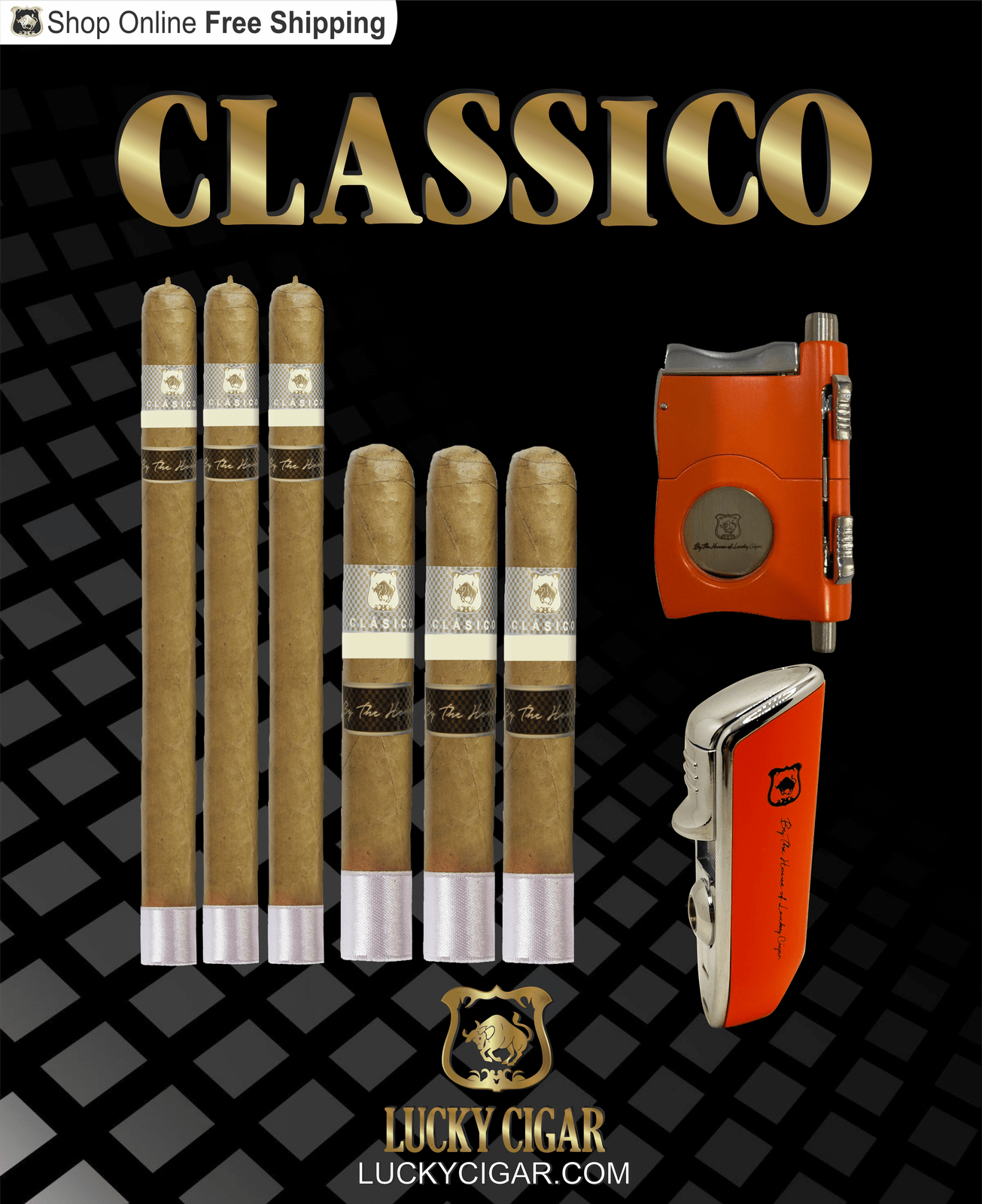 Lucky Cigar Sampler Sets: Set of 6 Classico Lancero, Robusto Cigars with Torch, Cutter, Puncher