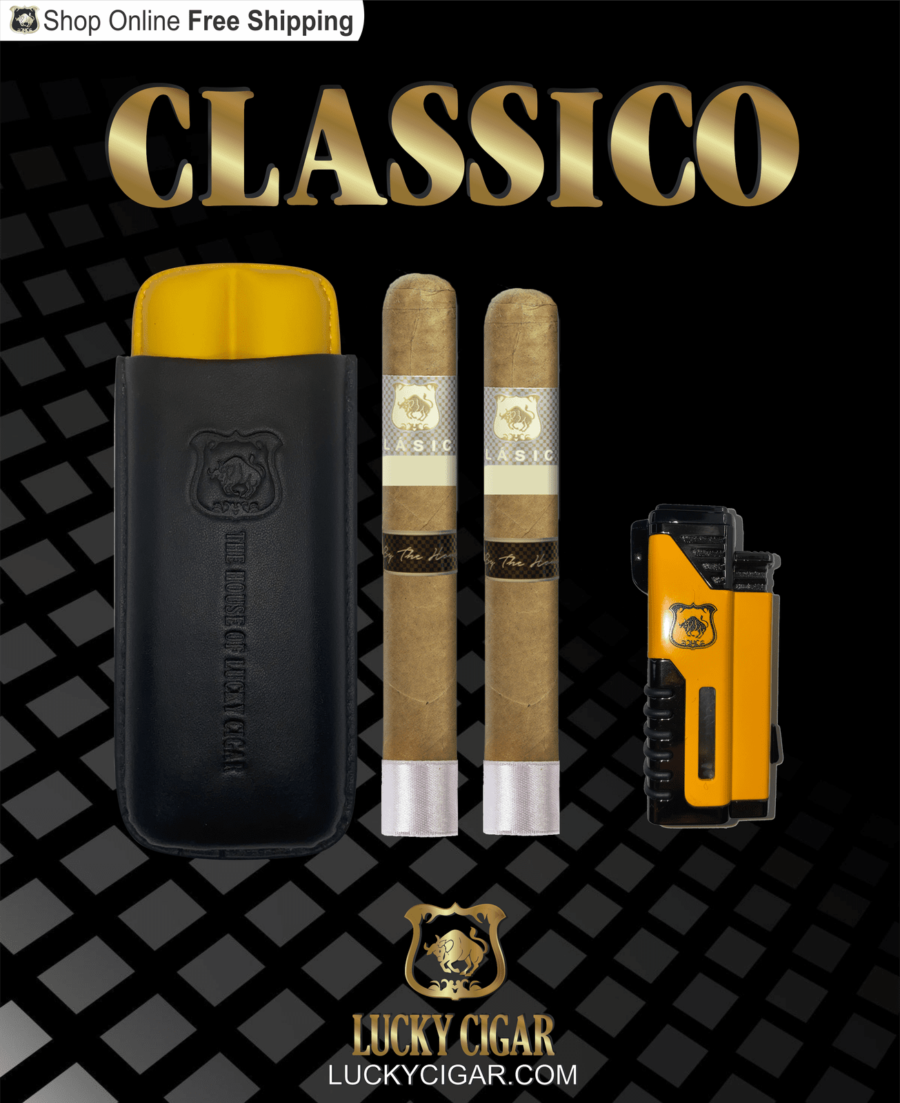 Lucky Cigar Sampler Sets: Set of 2 Classico Toro 6x50 Cigars with Travel Humidor Case, Torch