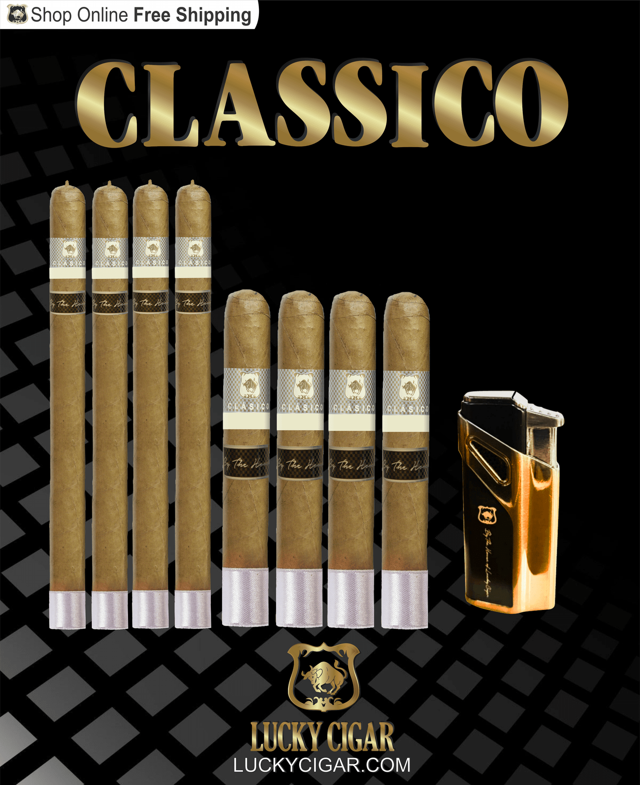 Lucky Cigar Sampler Sets: Set of 8 Classico Churchill, Robusto Cigars with Torch