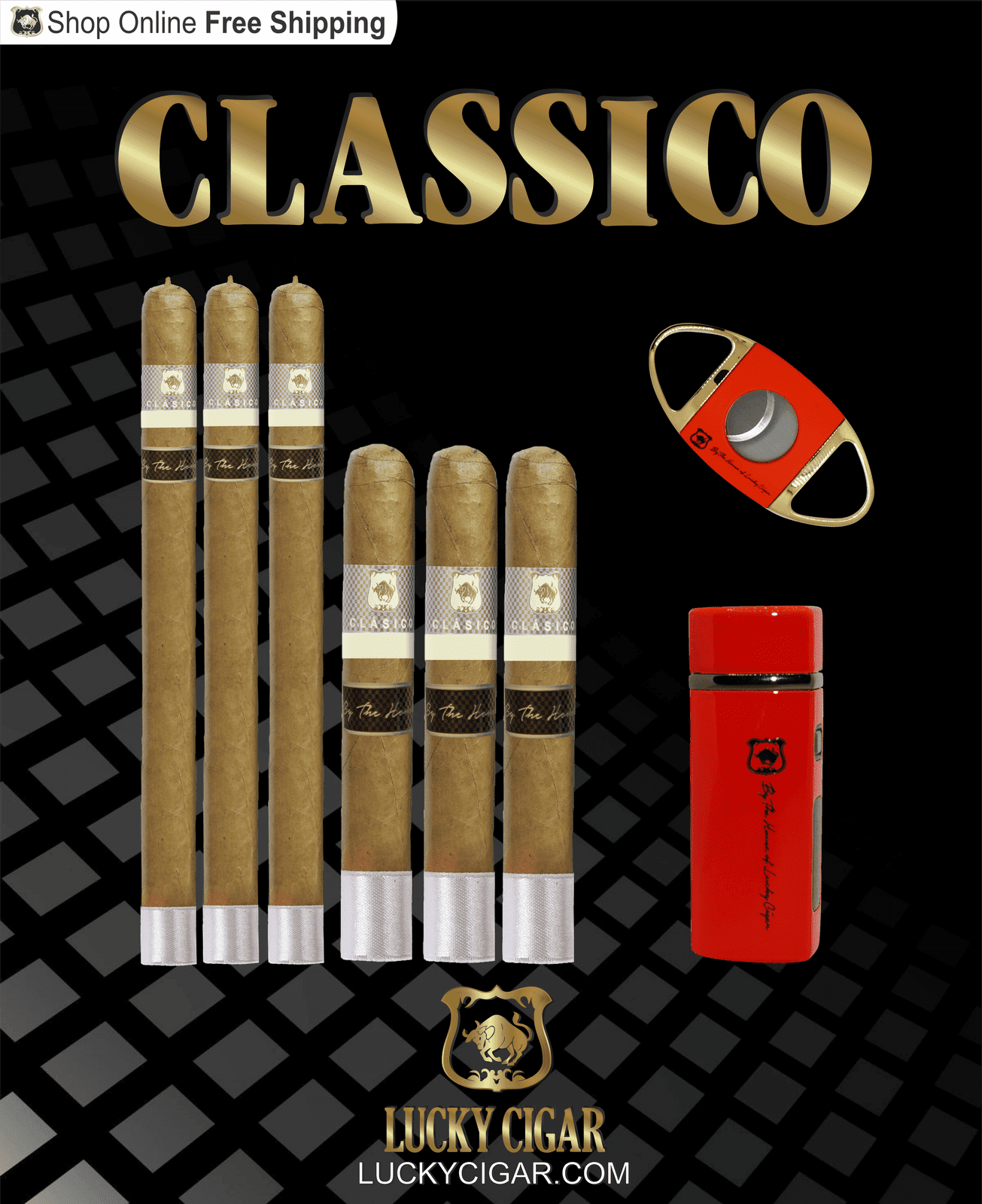 Lucky Cigar Sampler Sets: Set of 6 Classico Lancero, Robusto Cigars with Torch, Cutter