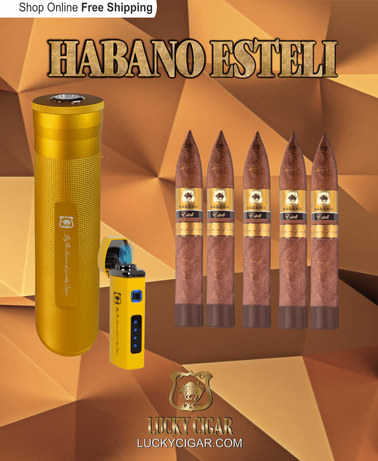Habano Cigars: Habano Esteli by Lucky Cigar: Set of 5 Cigars, 5 Torpedo with Humidor, Lighter