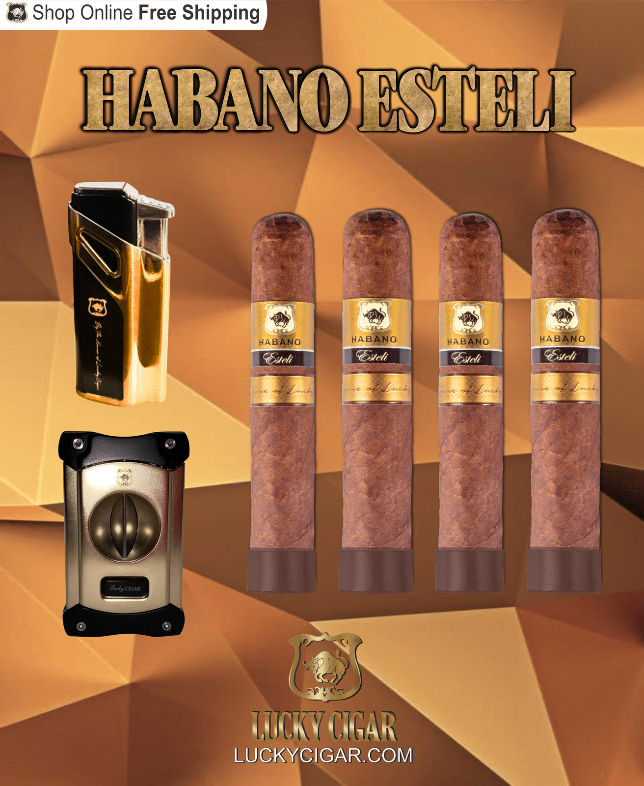 Habano Cigars: Habano Esteli by Lucky Cigar: Set of 4 Cigars, 4 Super Gordo with Cutter, Lighter