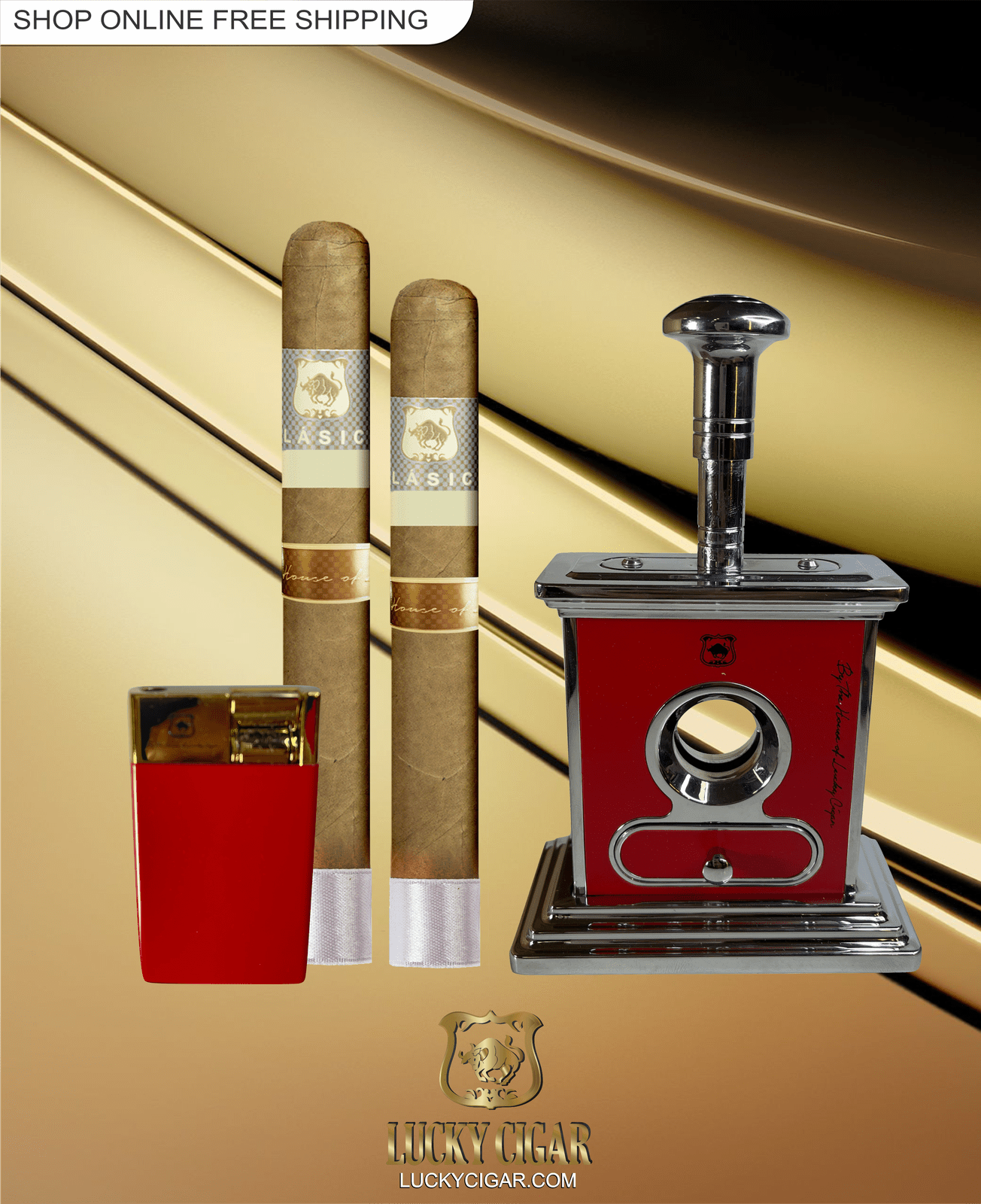 Lucky Cigar Sampler Sets: Set of 2 Classico Toro, Robusto Cigars with Torch, Table Cutter