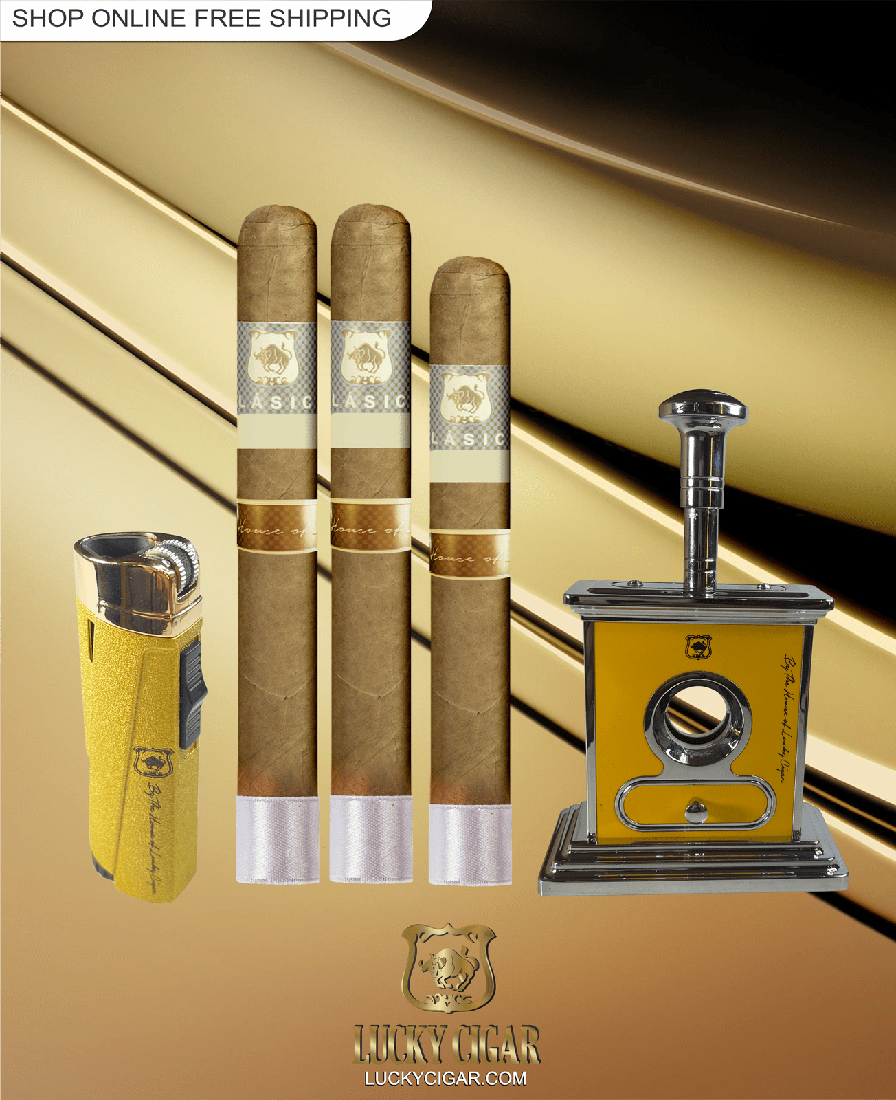 Lucky Cigar Sampler Sets: Set of 3 Classico Toro, Robusto Cigars with Torch, Table Cutter