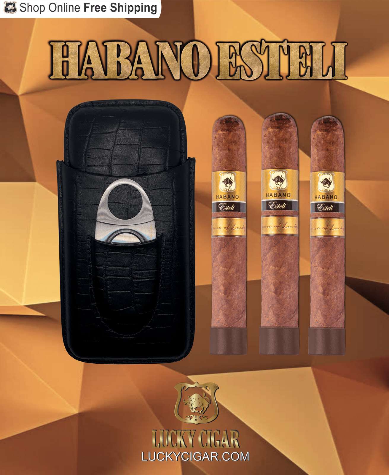 Habano Cigars: Habano Esteli by Lucky Cigar: Set of 3 Cigars, 3 Toro with Humidor, Cutter