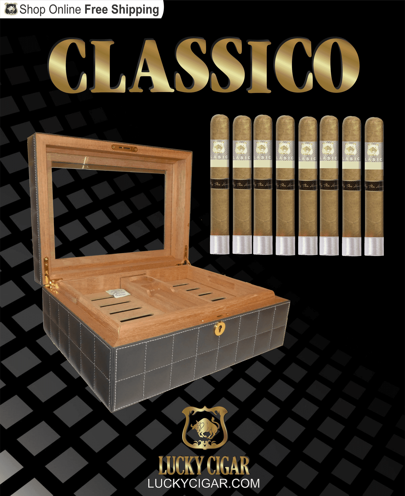 Lucky Cigar Sampler Sets: Set of 8 Classico Toro Cigars with Desk Humidor