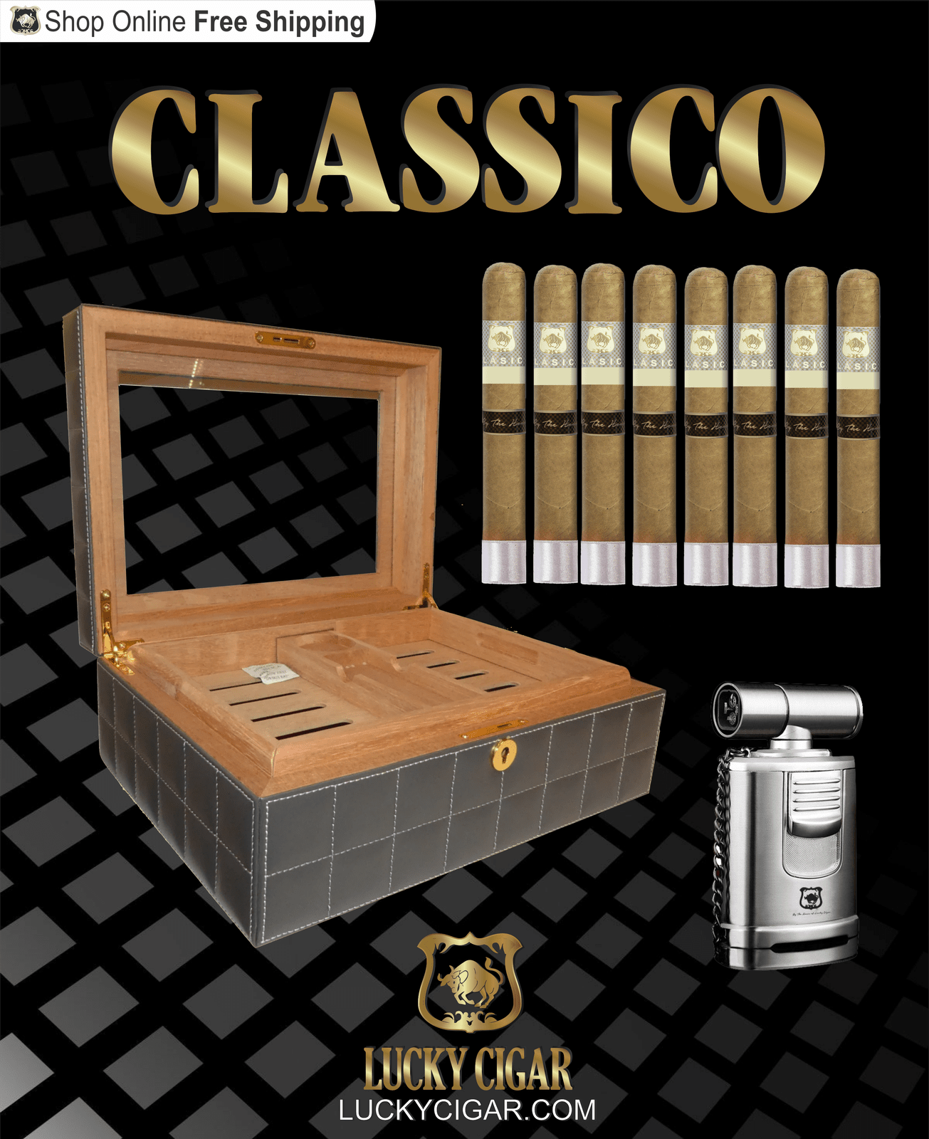 Lucky Cigar Sampler Sets: Set of 8 Classico Toro Cigars with Desk Humidor, Table Torch