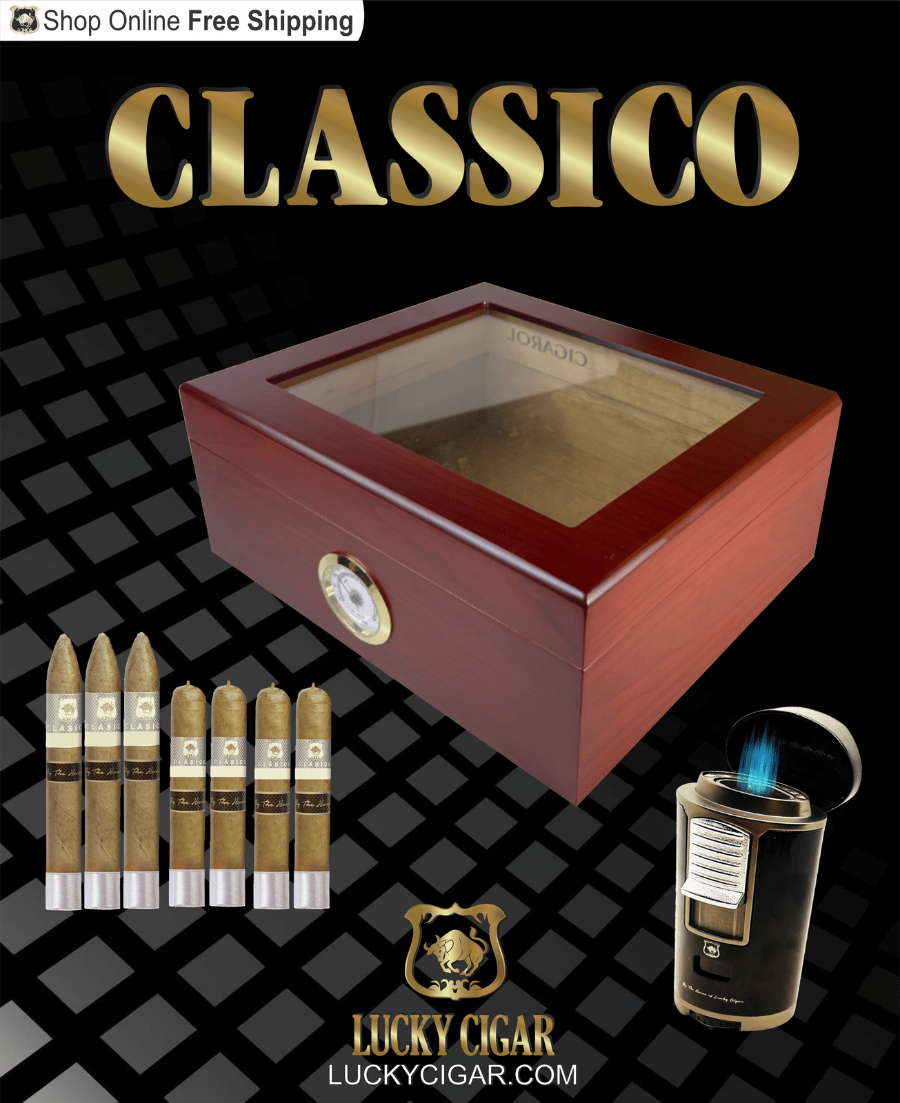 Lucky Cigar Sampler Sets: Set of 7 Classico Cigars with Torch, Desk Humidor