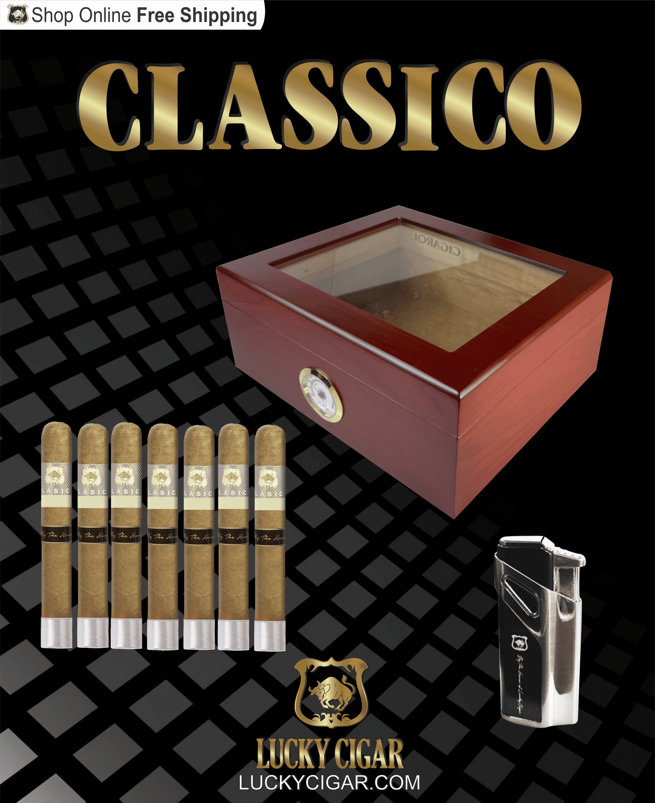 Lucky Cigar Sampler Sets: Set of 7 Classico Toro Cigars with Torch, Desk Humidor