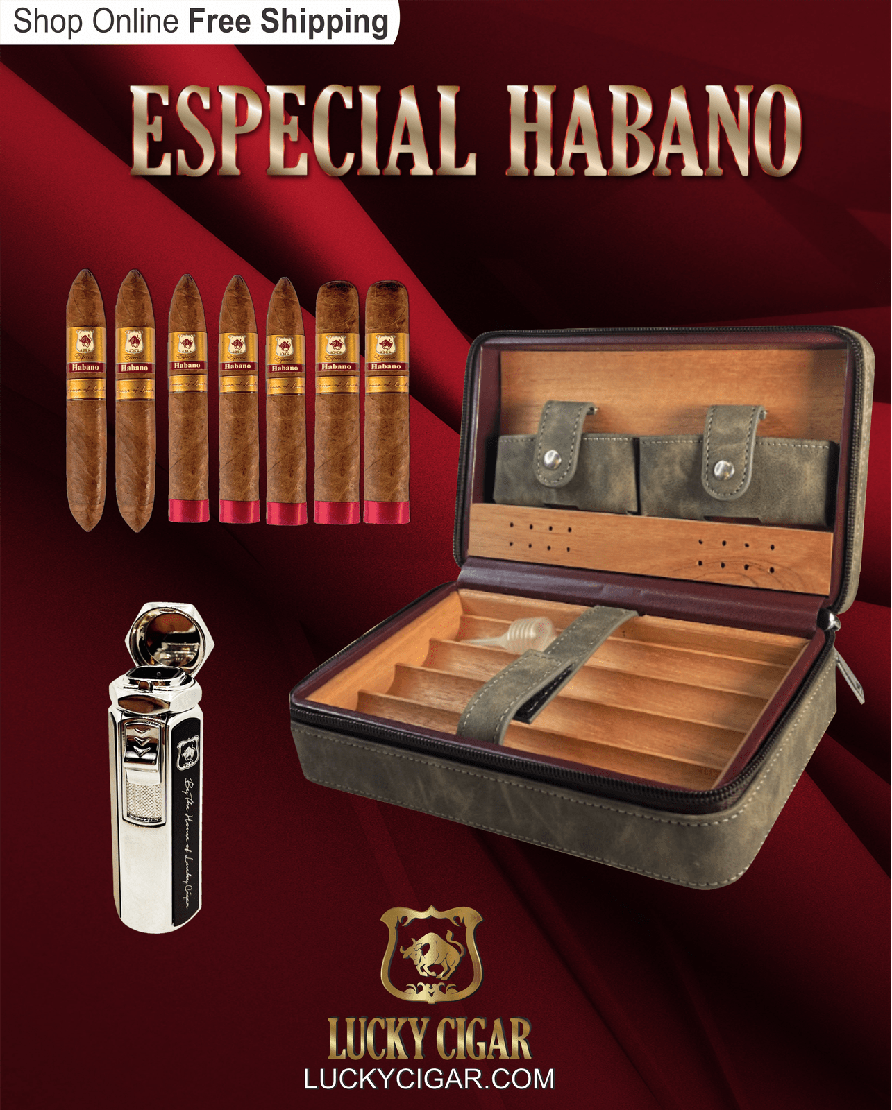 Habano Cigars: Especial Habano by Lucky Cigar: Set of 6 Cigars 2 Toro, 3 Torpedo, 2 Perfecto with Humidor, Torch