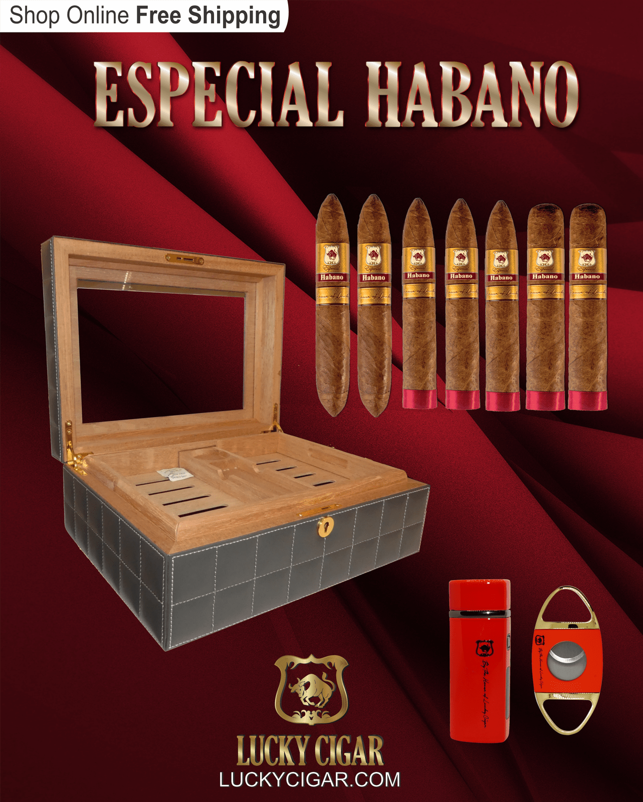 Habano Cigars: Especial Habano by Lucky Cigar: Set of 6 Cigars 2 Toro, 3 Torpedo, 2 Perfecto with Torch, Humidor, Cutter