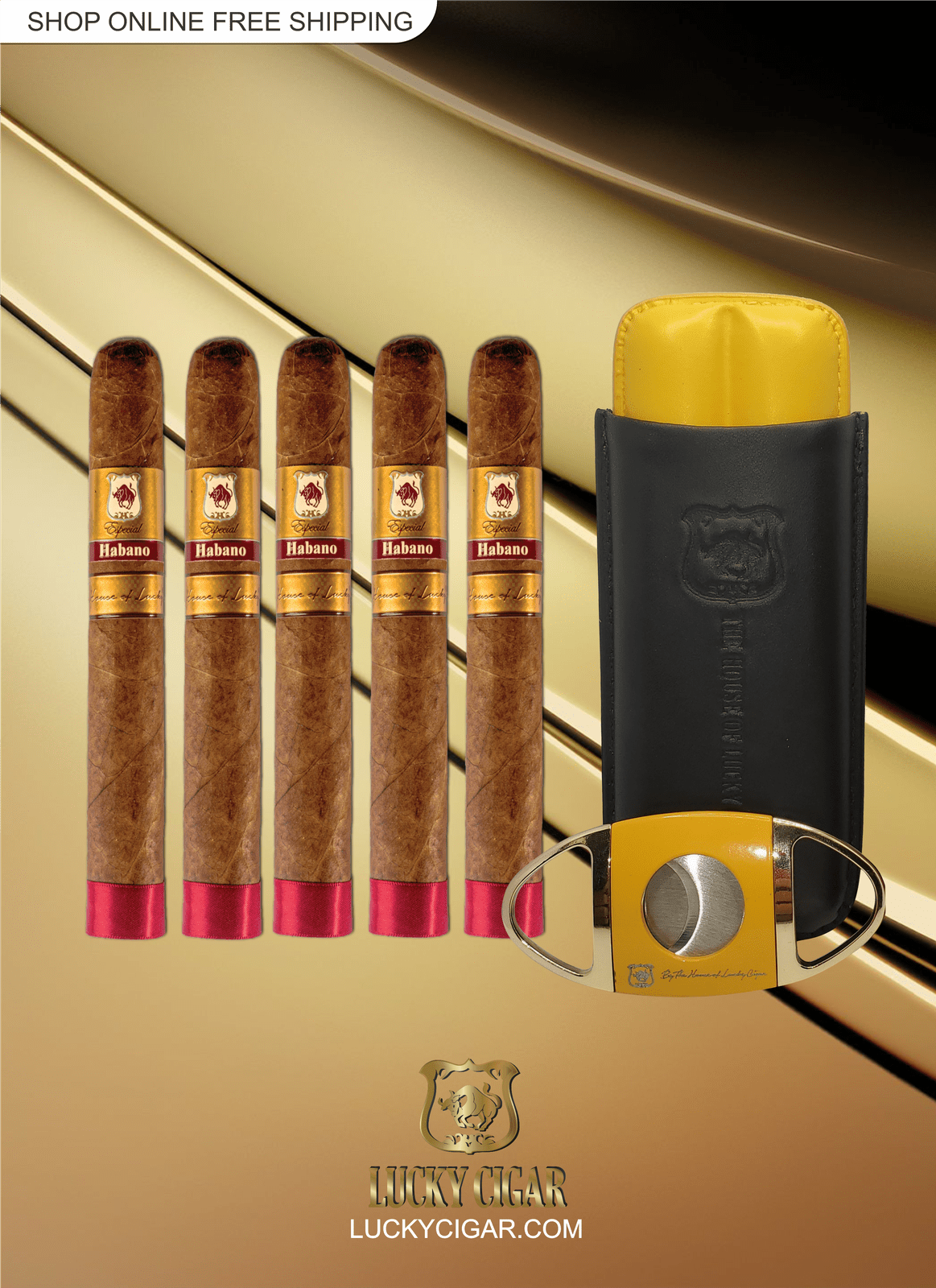 Lucky Cigar Sampler Sets: Set of 5 Especial Habano Toro Cigars with Cutter, Travel Humidor Case