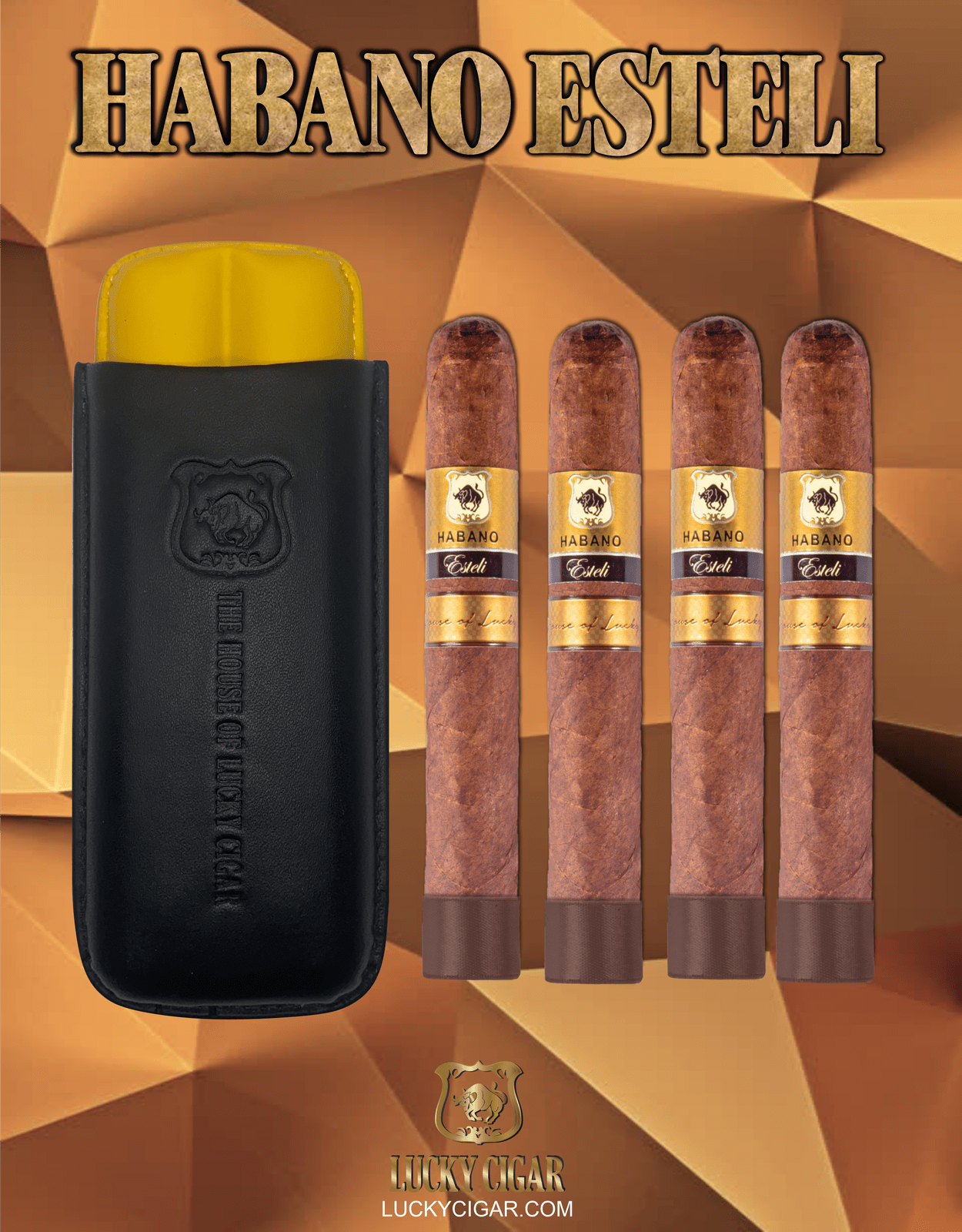 Habano Cigars: Habano Esteli by Lucky Cigar: Set of 4 Cigars, 4 Toro with Yellow Humidor