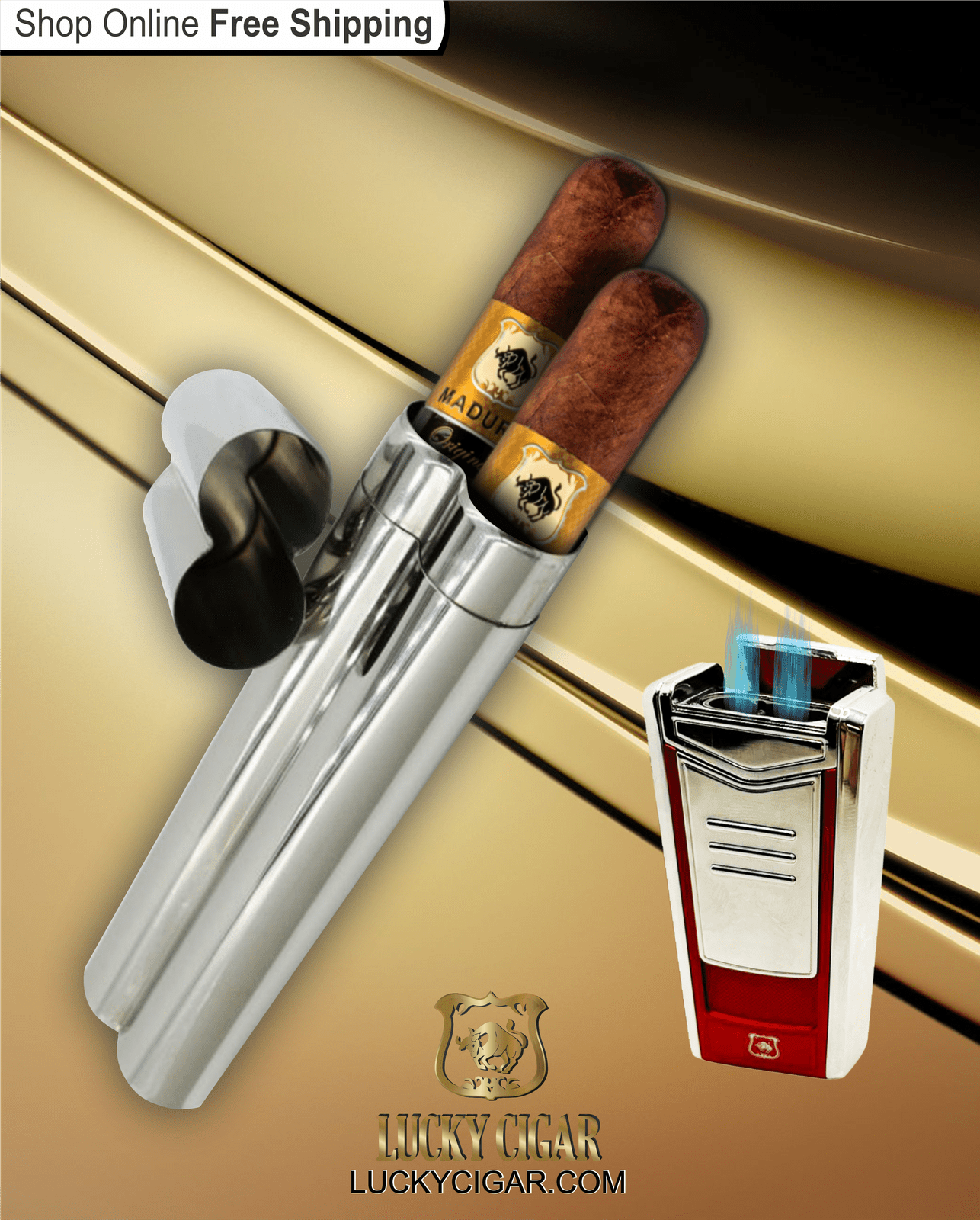 Lucky Cigar Sampler Sets: Set of 2 Maduro Original Cigars with Torch, Travel Humidor Tube