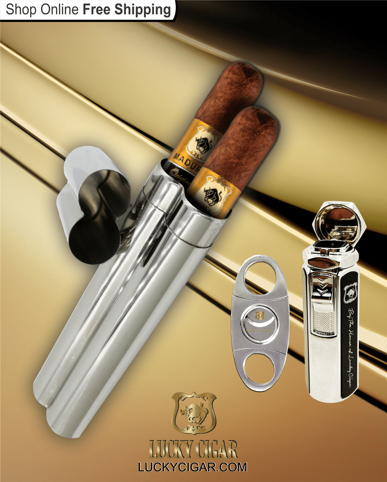 Cigar Lifestyle Accessories: Set of 2 Maduro Cigars with Torch, Cutter, Travel Humidor